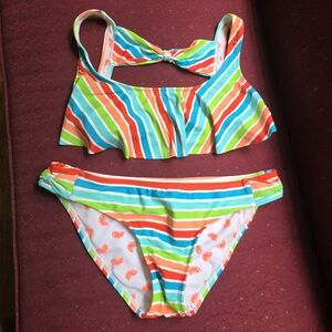 The Bikini Lab Ruffle Red and Green Bikini Set Vibrant Swimwear Striped Tangerin
